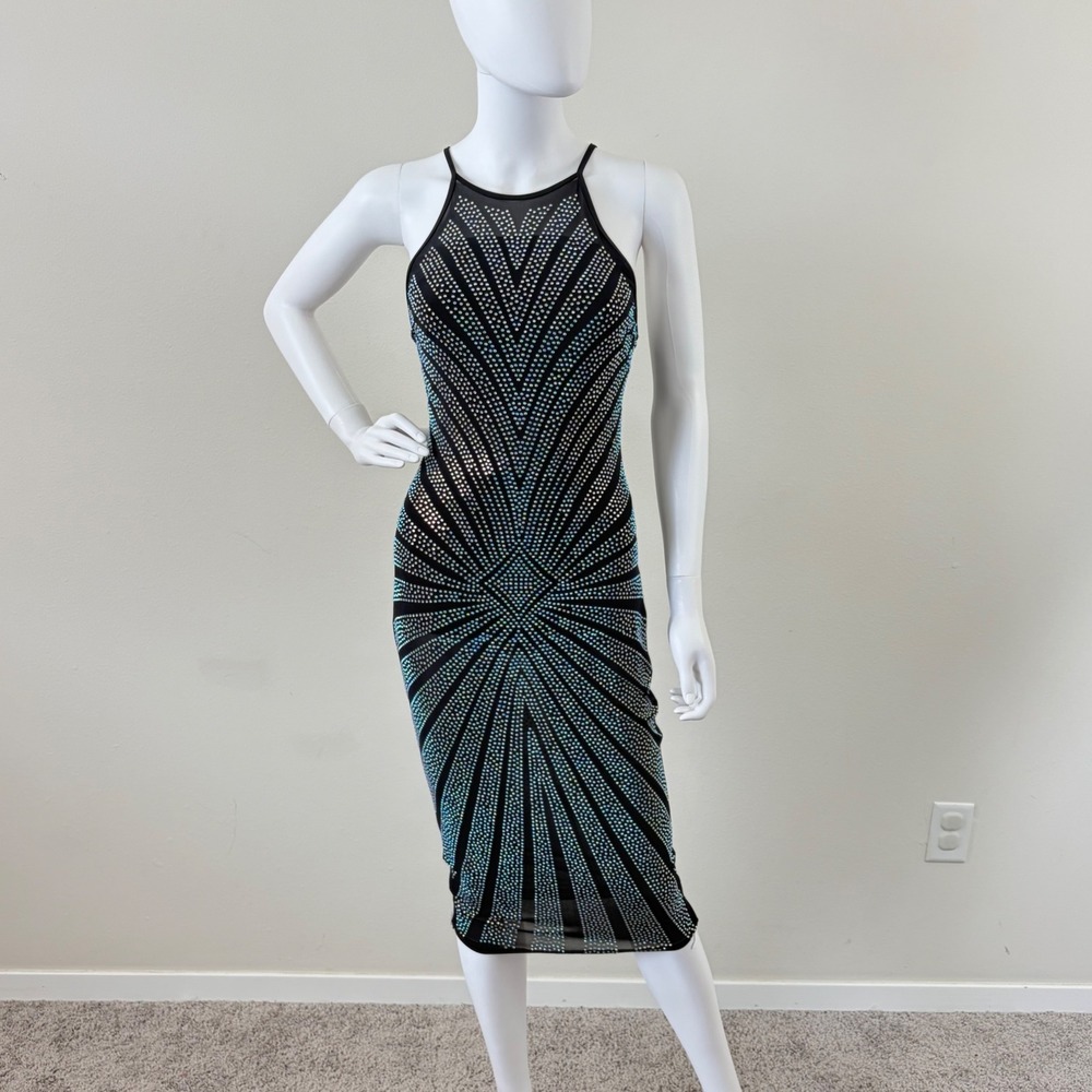 Navy Mesh Lg Rhinestone Bodycon Midi Dress Halter Iridescent Studded Sleeveless‎